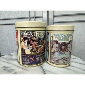Vintage Set of 2 Watkins 125th Anniversary Heritage Nesting Tin Canisters